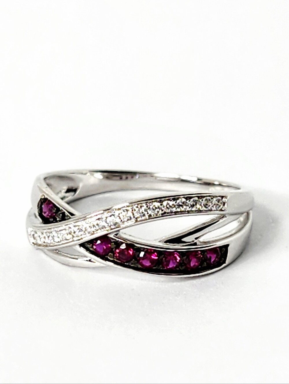 Sterling Silver Red & White Stones Crossover Ring size 6.5